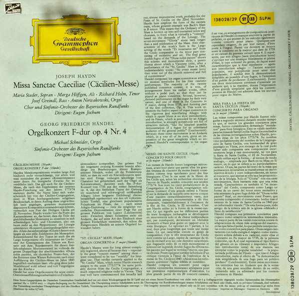 Joseph Haydn / Georg Friedrich Händel - Maria Stader / Marga Höffgen / Richard Holm / Josef Greindl / Michael Schneider / Symphonie-Orchester Des Bayerischen Rundfunks / Dirigent: Eugen Jochum , Chor Des Bayerischen Rundfunks - Cäcilien-Messe / Orgelkonzert F-Dur | Deutsche Grammophon (138 028/29 SLPM) - 2