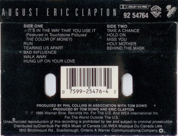 Eric Clapton - August [Cassette] | Warner Bros. Records (92 54764) - 2