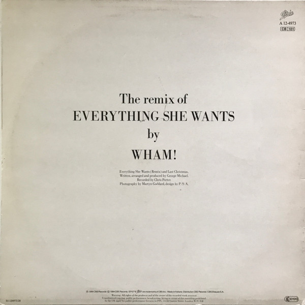 Wham! - Everything She Wants (Remix) | Epic (EPCA 12.4973) - 2