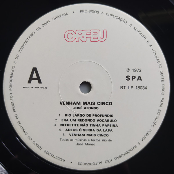 José Afonso - Venham Mais Cinco | Orfeu (RT LP 18034) - 3