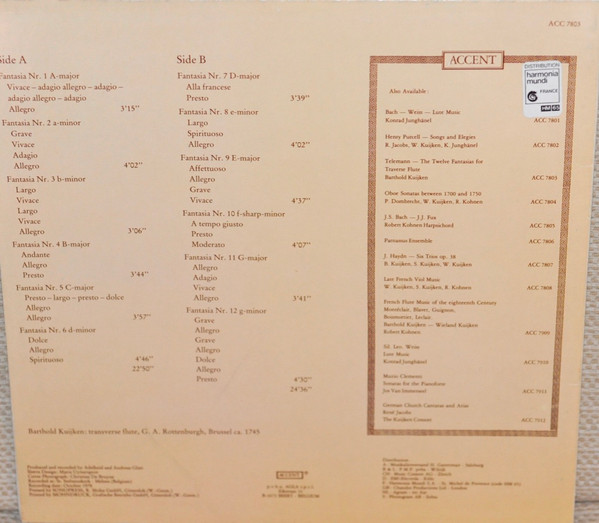 Georg Philipp Telemann / Barthold Kuijken - The Twelve Fantasias For Transverse Flute Without Bass | Accent (ACC 7803) - 2 Georg Philipp Telemann / Barthold Kuijken - The Twelve Fantasias For Transverse Flute Without Bass | Accent (ACC 7803) - 2