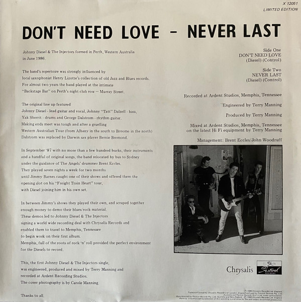 Johnny Diesel & The Injectors - Don't Need Love | Chrysalis (X 12051) - 2