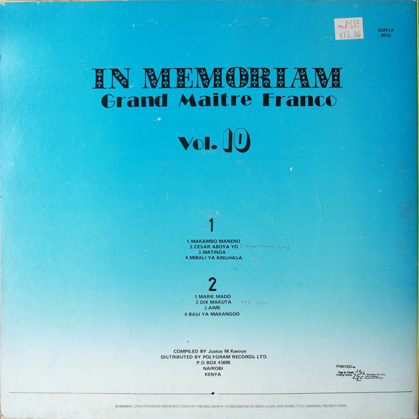 Franco - In Memoriam Grand Maître Franco: Vol. 10 | V.I.S.A. 1980 (GMFLP 010) - 2