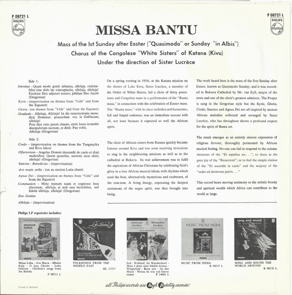 Les Soeurs Blanches Of Katana - Missa Bantu (Messe Du Ler Dimanche Aprés Paques Ou Dimanche De Quasimodo Ou "In Albis") | Philips (P 08721 L) - 2