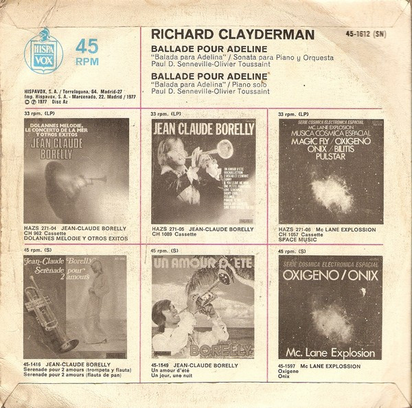 Richard Clayderman - Ballade Pour Adeline | Hispavox (45-1612) - 2