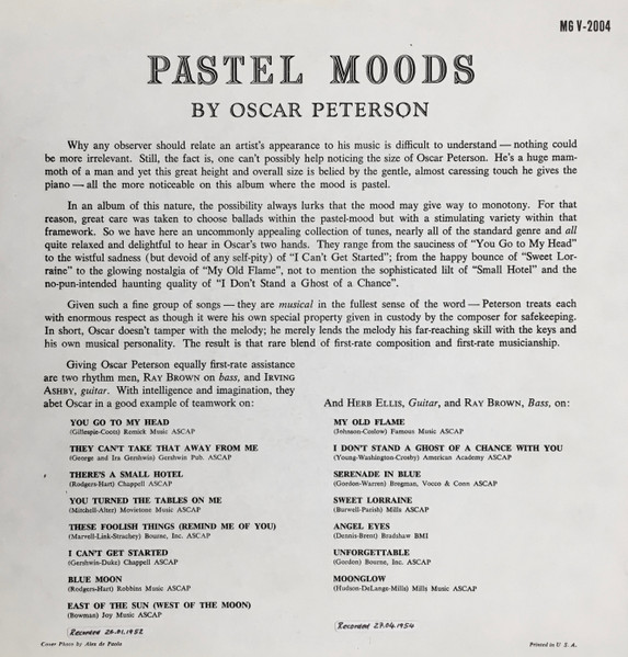 Oscar Peterson - Pastel Moods | Verve Records (MG V-2004) - 2 Oscar Peterson - Pastel Moods | Verve Records (MG V-2004) - 2