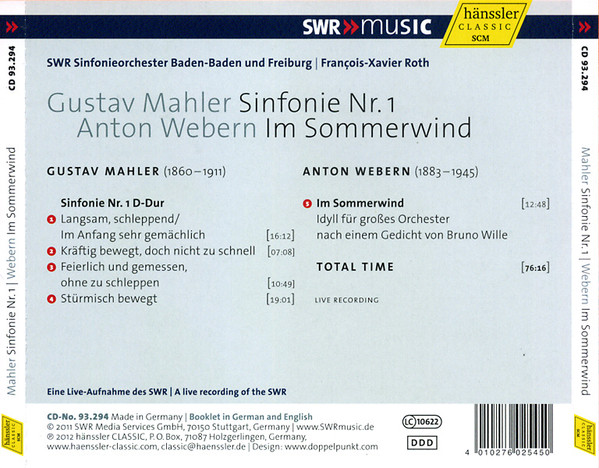 Gustav Mahler , Anton Webern - SWR Sinfonieorchester Baden-Baden Und Freiburg , François-Xavier Roth - Sinfonie Nr. 1 / Im Sommerwind | Hänssler Classic (CD 93.294) - 2