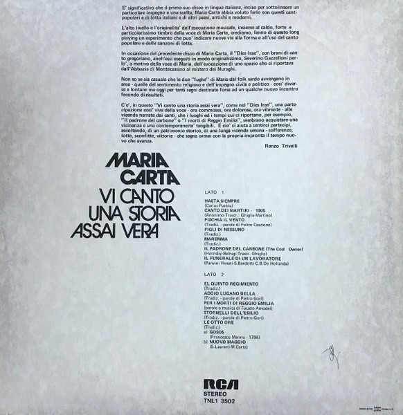 Maria Carta - Vi Canto Una Storia Assai Vera | RCA (TNL1 3502) - 2 Maria Carta - Vi Canto Una Storia Assai Vera | RCA (TNL1 3502) - 2
