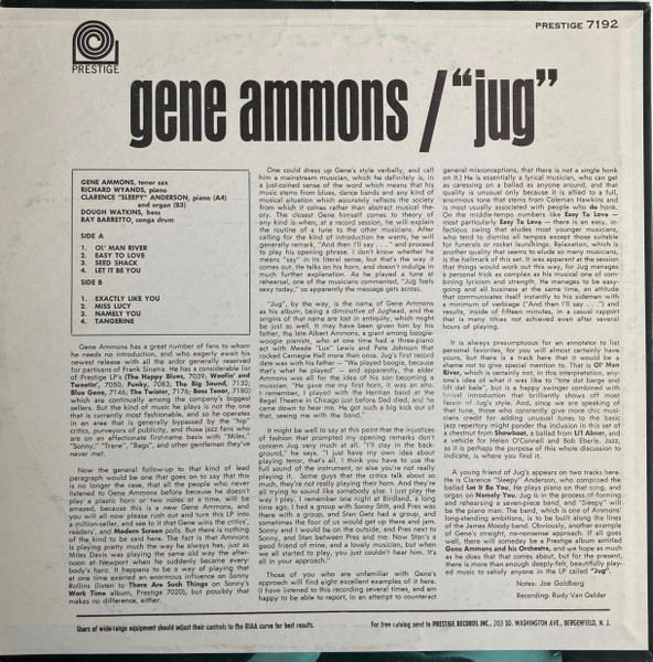 Gene Ammons - "Jug" [Vinyl] | Prestige (PR 7192) - 2