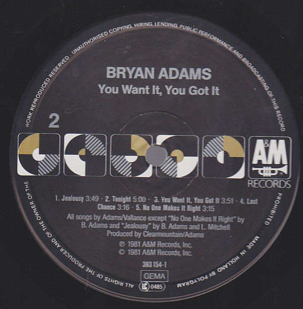 Bryan Adams - You Want It, You Got It | A&M Records (393 154-1) - 3