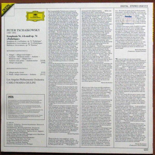 Pyotr Ilyich Tchaikovsky - Los Angeles Philharmonic Orchestra , Carlo Maria Giulini - Symphonie No. 6 »Pathétique« | Deutsche Grammophon (2532 013) - 2
