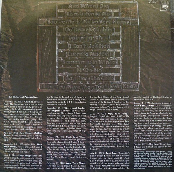 Blood, Sweat And Tears - Blood, Sweat & Tears Greatest Hits | CBS (SBP 234107) - 2 Blood, Sweat And Tears - Blood, Sweat & Tears Greatest Hits | CBS (SBP 234107) - 2