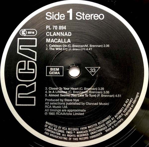 Clannad - Macalla | RCA (PL 70894) - 3