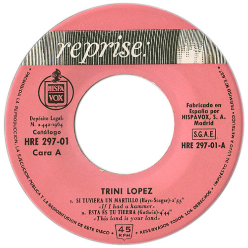 Trini Lopez - Si Tuviera Un Martillo / Esta Es Tu Tierra / América / Bye Bye Blackbird | Reprise Records (HRE 297-01) - 3