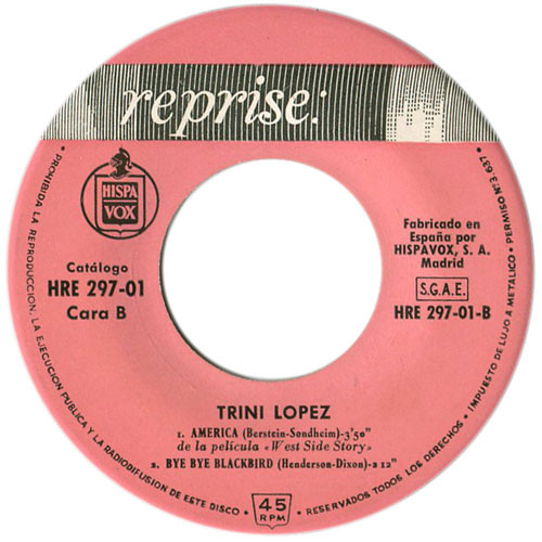 Trini Lopez - Si Tuviera Un Martillo / Esta Es Tu Tierra / América / Bye Bye Blackbird | Reprise Records (HRE 297-01) - 4