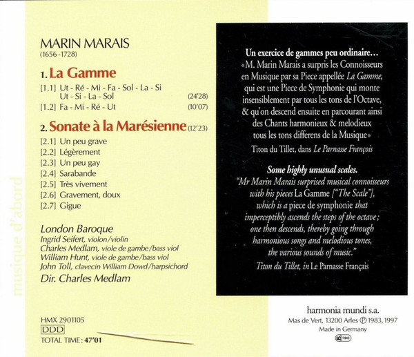 Marin Marais - London Baroque , Charles Medlam - La Gamme | Harmonia Mundi France (2901105) - 2