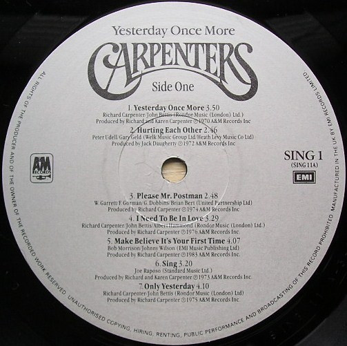 Carpenters - Yesterday Once More | A&M Records (SING 1) - 3 Carpenters - Yesterday Once More | A&M Records (SING 1) - 3