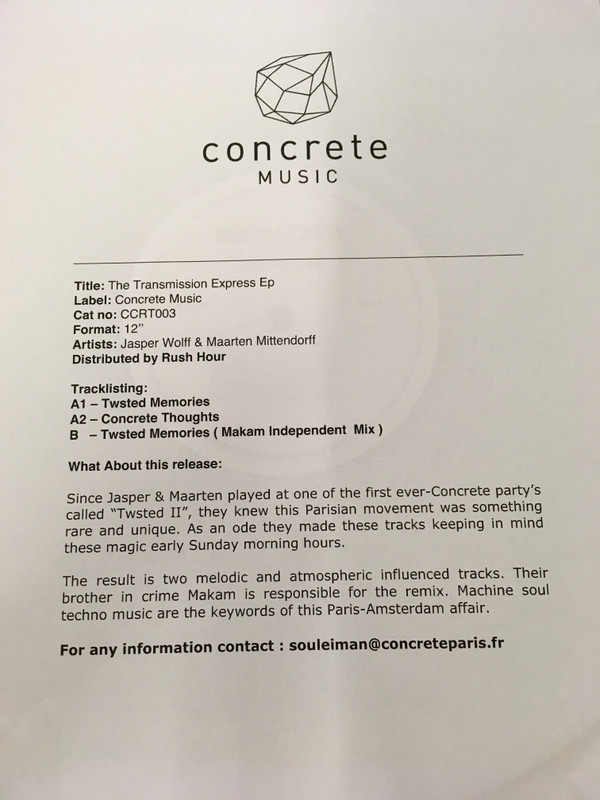 Jasper Wolff & Maarten Mittendorff - The Transmission Express EP | Concrete Music (CCRT003) - 2 Jasper Wolff & Maarten Mittendorff - The Transmission Express EP | Concrete Music (CCRT003) - 2