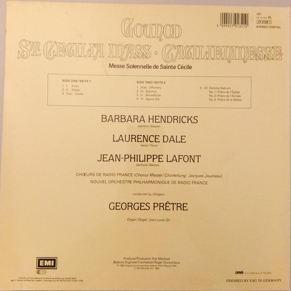 Charles Gounod : Barbara Hendricks , Laurence Dale , Jean-Philippe Lafont , Chœur de Radio France , Nouvel Orchestre Philharmonique De Radio-France , Georges Prêtre - St. Cecilia Mass = Cäcilienmesse = Messe Solennelle De Sainte Cécile | His Master's Voice Digital (27 0134 1) - 4