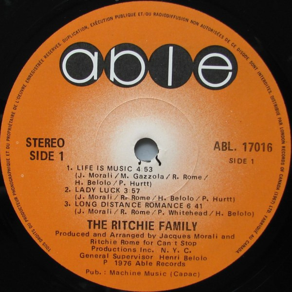 The Ritchie Family - Life Is Music | Able (ABL-17016) - 4