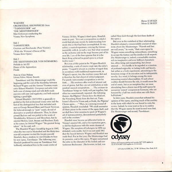 Richard Wagner , Max Goberman Conducting The Vienna New Symphony - Orchestral Showpieces From Tannhäuser Die Meistersinger | Odyssey (32 16 0120) - 2 Richard Wagner , Max Goberman Conducting The Vienna New Symphony - Orchestral Showpieces From Tannhäuser Die Meistersinger | Odyssey (32 16 0120) - 2