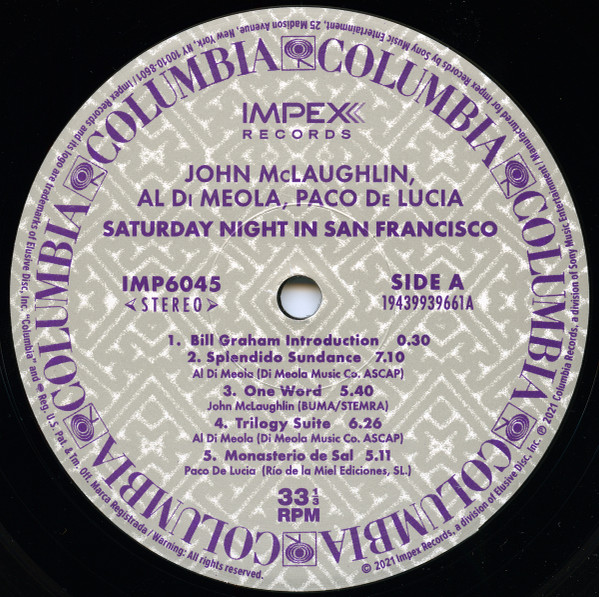 Al Di Meola , John McLaughlin , Paco De Lucía - Saturday Night In San Francisco | Impex Records (IMP6045) - 3