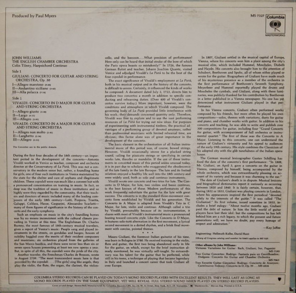 John Williams , English Chamber Orchestra - Mauro Giuliani / Antonio Vivaldi - Guitar Concerto In A Major / Guitar Concerto In D Major And A Major | CBS Masterworks (MS 7327) - 2
