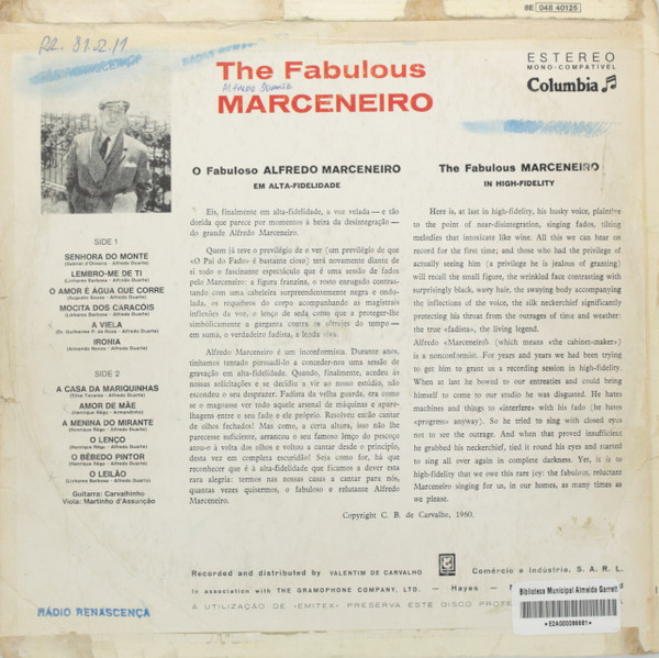 Alfredo Marceneiro - The Fabulous Marceneiro (O Fabuloso Marceneiro) | Columbia (8E 048 40125) - 2 Alfredo Marceneiro - The Fabulous Marceneiro (O Fabuloso Marceneiro) | Columbia (8E 048 40125) - 2