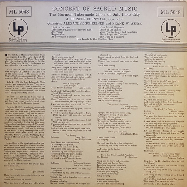 Mormon Tabernacle Choir - Concert Of Sacred Music | Columbia Masterworks (ML 5048) - 2