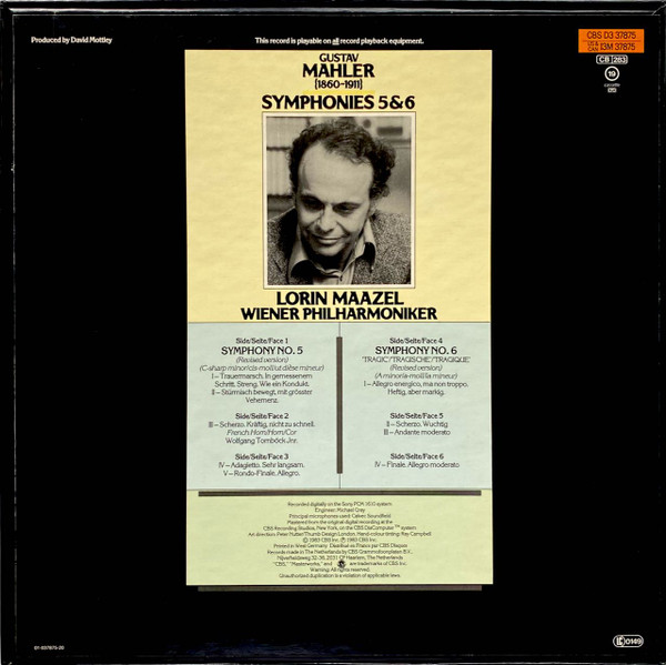 Gustav Mahler - Lorin Maazel , Wiener Philharmoniker - Symphonies 5 & 6 | CBS Masterworks (D3 37875) - 2