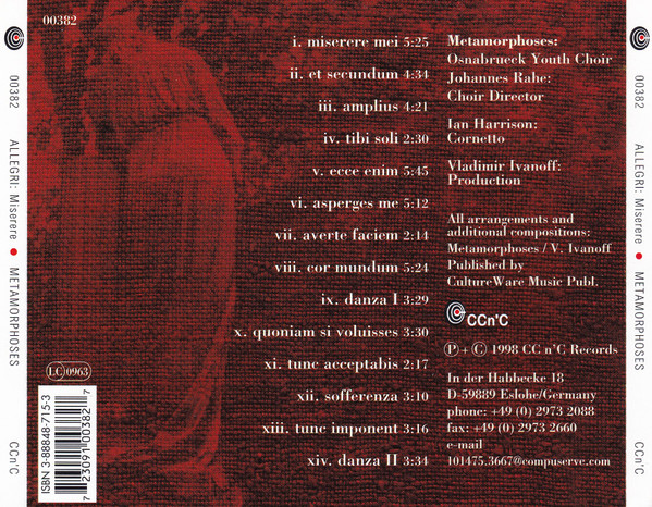 Gregorio Allegri , Osnabrücker Jugendchor , Johannes Rahe , Ian Harrison - Miserere | CCn'C Records (00382) - 2