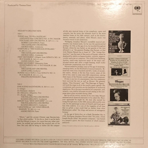 Wolfgang Amadeus Mozart - Mozart's Greatest Hits | Columbia Masterworks (MS 7507) - 2 Wolfgang Amadeus Mozart - Mozart's Greatest Hits | Columbia Masterworks (MS 7507) - 2