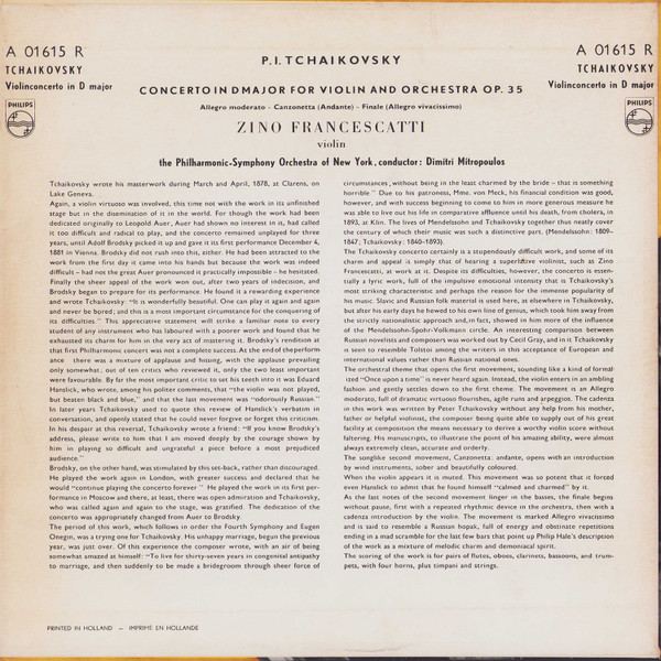 Pyotr Ilyich Tchaikovsky , Zino Francescatti , Philharmonic-Symphony Orchestra Of New York , Dimitri Mitropoulos - Concerto For Violin And Orchestra In D Major Op. 35 | Philips (A 01615 R) - 2 Pyotr Ilyich Tchaikovsky , Zino Francescatti , Philharmonic-Symphony Orchestra Of New York , Dimitri Mitropoulos - Concerto For Violin And Orchestra In D Major Op. 35 | Philips (A 01615 R) - 2