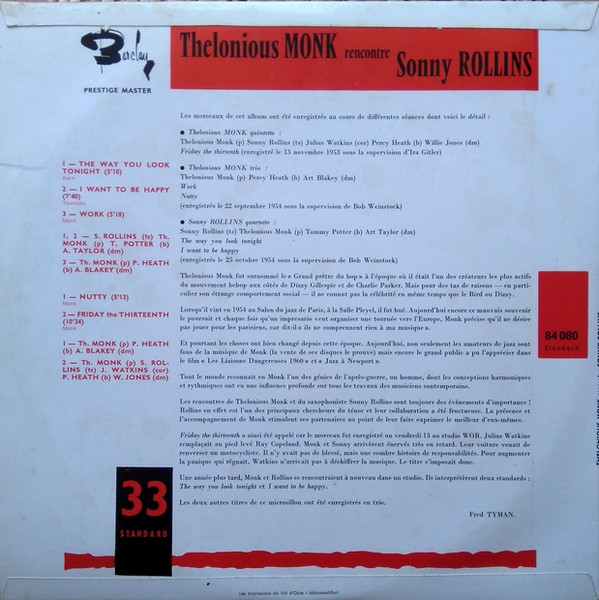 Thelonious Monk / Sonny Rollins - Thelonious Monk Rencontre Sonny Rollins | Barclay (84 080) - 2 Thelonious Monk / Sonny Rollins - Thelonious Monk Rencontre Sonny Rollins | Barclay (84 080) - 2