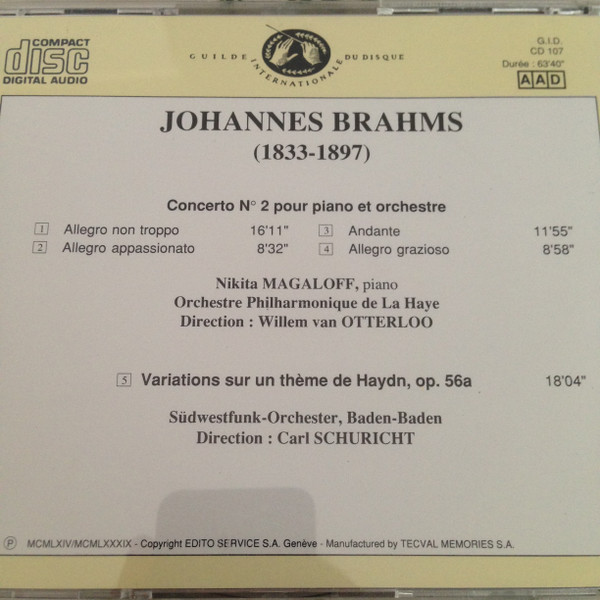 Johannes Brahms , Nikita Magaloff , Willem Van Otterloo , Carl Schuricht , Südwestfunkorchester Baden-Baden - Concerto N°2 Pour Piano | Guilde Internationale Du Disque (G.I.D CD 107) - 3
