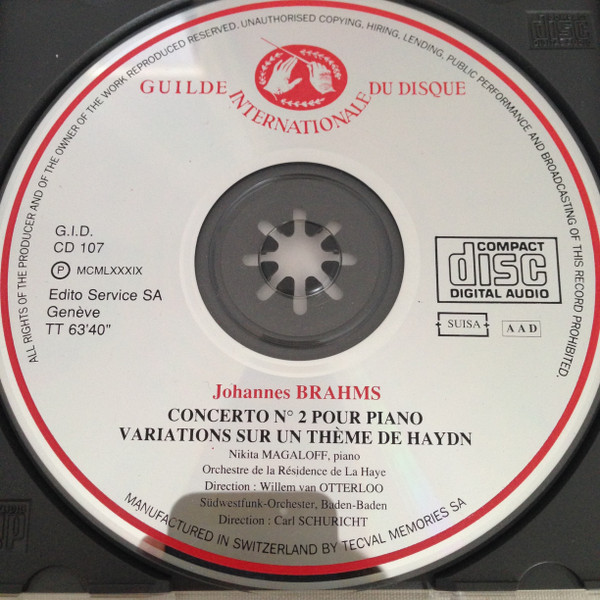 Johannes Brahms , Nikita Magaloff , Willem Van Otterloo , Carl Schuricht , Südwestfunkorchester Baden-Baden - Concerto N°2 Pour Piano | Guilde Internationale Du Disque (G.I.D CD 107) - 2