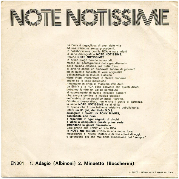 Tony Mimms - Adagio In Sol Minore / Minuetto | Enny Dischi (EN001) - 2