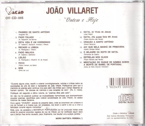 João Villaret - Ontem E Hoje | Ovação (OV-CD-005) - 2