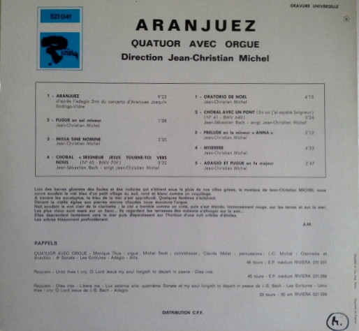 Jean-Christian Michel - Quatuor Avec Orgue - Aranjuez | Riviera (521 041) - 2 Jean-Christian Michel - Quatuor Avec Orgue - Aranjuez | Riviera (521 041) - 2