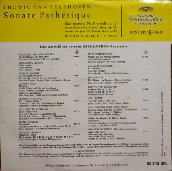 Ludwig van Beethoven ; Wilhelm Kempff - Sonate Pathétique | Deutsche Grammophon (30 245 EPL) - 2
