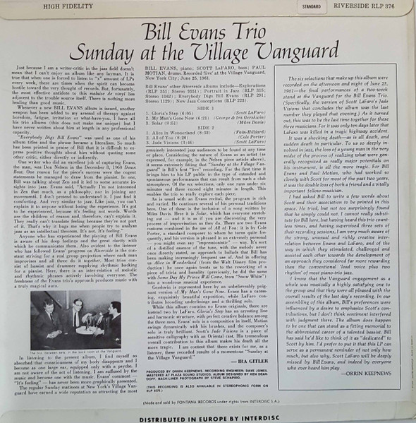 The Bill Evans Trio Featuring Scott LaFaro - Sunday At The Village Vanguard | Riverside Records (RLP 376) - 2 The Bill Evans Trio Featuring Scott LaFaro - Sunday At The Village Vanguard | Riverside Records (RLP 376) - 2