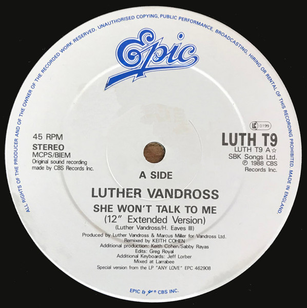 Luther Vandross - She Won't Talk To Me | Epic (LUTH T9) - 3