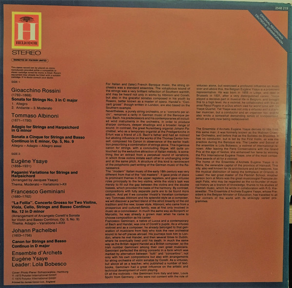 Gioacchino Rossini • Tomaso Albinoni • Eugène Ysaÿe • Francesco Geminiani • Johann Pachelbel - Lola Bobescu - Music Of Venice | Heliodor (2548 219) - 2