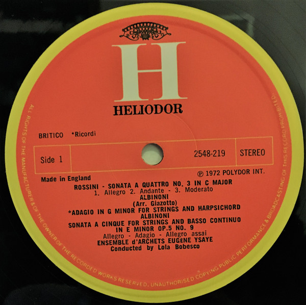 Gioacchino Rossini • Tomaso Albinoni • Eugène Ysaÿe • Francesco Geminiani • Johann Pachelbel - Lola Bobescu - Music Of Venice | Heliodor (2548 219) - 3
