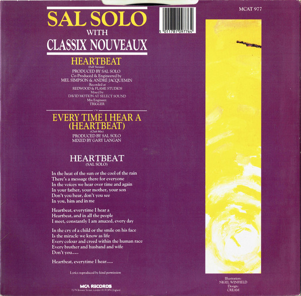 Sal Solo With Classix Nouveaux - Heartbeat | MCA Records (MCAT 977) - main