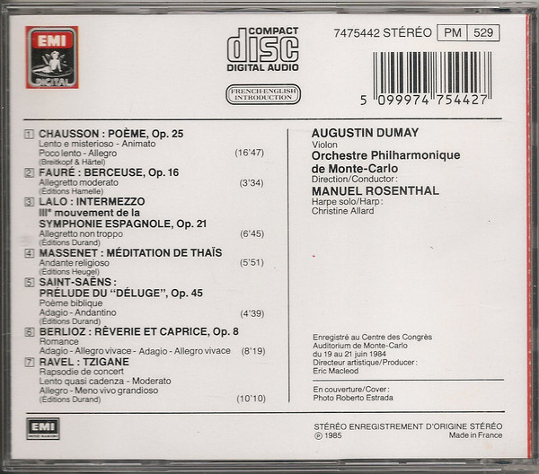 Augustin Dumay , Manuel Rosenthal , Orchestre Philharmonique De Monte-Carlo - Ernest Chausson / Hector Berlioz / Jules Massenet / Camille Saint-Saëns / Édouard Lalo / Gabriel Fauré / Maurice Ravel - Augustin Dumay | EMI Digital (7475442) - 2