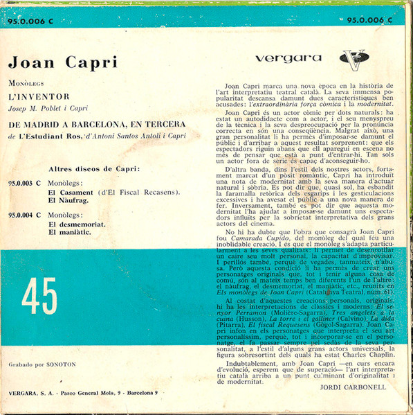 Joan Capri - De Madrid A Barcelona En Tercera / L'Inventor | Vergara (95.0.006 C) - 2