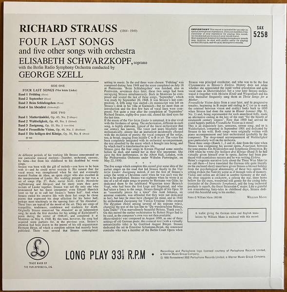 Richard Strauss / Elisabeth Schwarzkopf , George Szell , Radio-Symphonie-Orchester Berlin - Four Last Songs And Five Other Songs With Orchestra | The Electric Recording Co. (ERC074) - 3