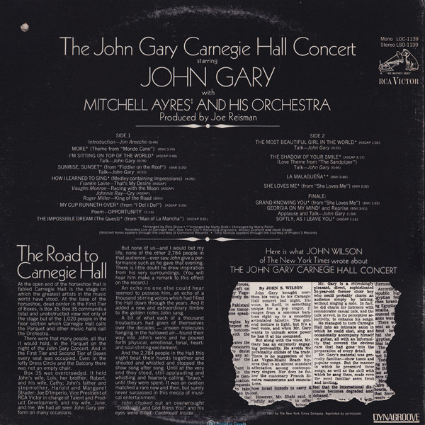 John Gary - Carnegie Hall Concert | RCA Victor (LSO-1139) - 2