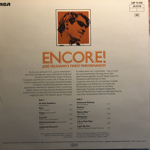 José Feliciano - Encore! José Feliciano's Finest Performances | RCA Victor (LSP 10 338) - 2